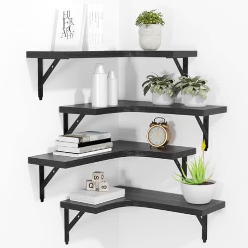 ROMGUAR CRAFT Corner Floating Shelves Wall Mounted Set of 4, Black | Rustic Wood Storage Display Wall Shelf for Home Decor, Bathroom, Kitchen, Bedroom, Living Room, Office