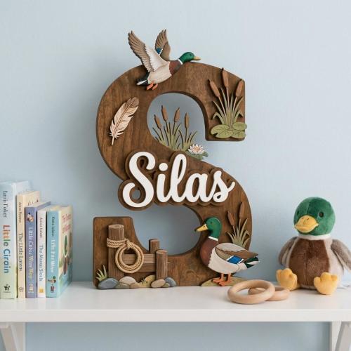Duck Hunting Nursery Name Sign, Wooden Mallard Duck Baby Gift for Nursery Wall, Custom Rustic Name Plaque, Waterfowl Hunting Initial Sign