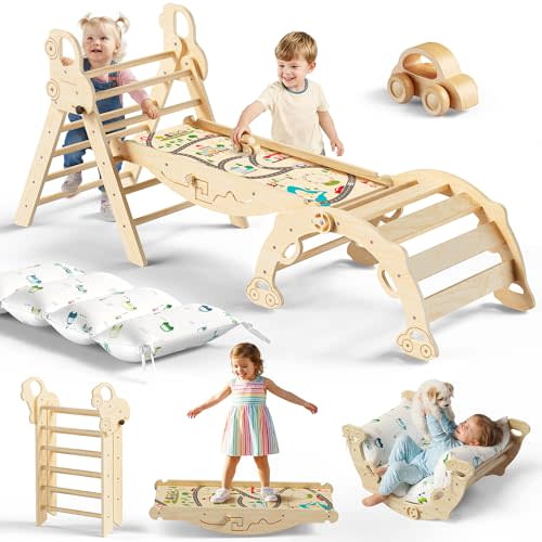 Pikler Triangle Climbing Set with Cushion, Foldable Climbing Toys Indoor, Montessori Toddler Gym, 10-in-1 Climber & Playground, Gift for Christmas, Birthday, New Year (Woodland Cabin)