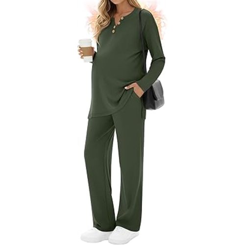 2 Piece Thermal Maternity Lounge Set Postpartum Pregnancy Fleece Loungewear Long Sleeve Top and Wide Leg Pant