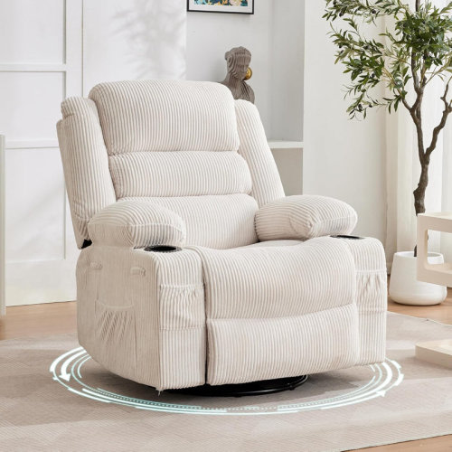 Rebrilliant Wide 360° Swivel Rocking Recliner Chair for Adults, Corduroy Upholstered Nursery Glider with Deep Seat, Built-In Cup Holder & Side Storage Pocket for Living Room Relaxation, Blue | Wayfair