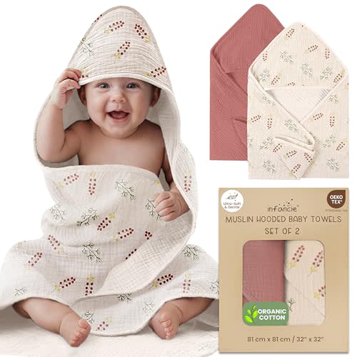 infancie Organic Cotton Muslin Baby Hooded Towels - 32x32 Inch, 2 Pack Newborn Bath Towels for Boys & Girls, Soft & Absorbent Bath Set (Pink/Floral)