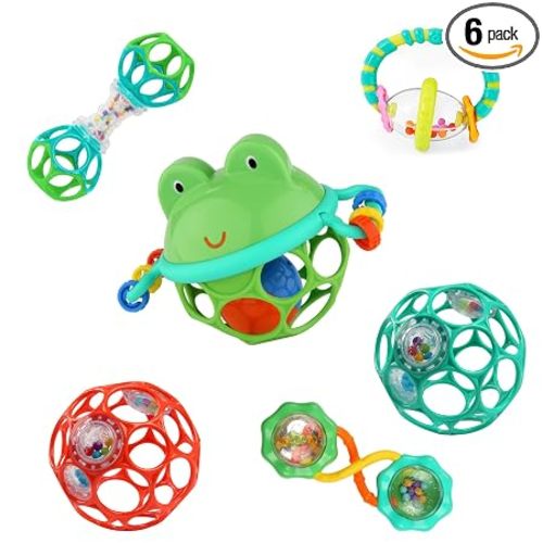 Bright Starts Little Shakers 6pc Gift Set, Easy-Grasp Oball Technology, Baby Rattles, Balls and Teethers, On-The-Go Toys, Lightweight, Unisex, Newborn+