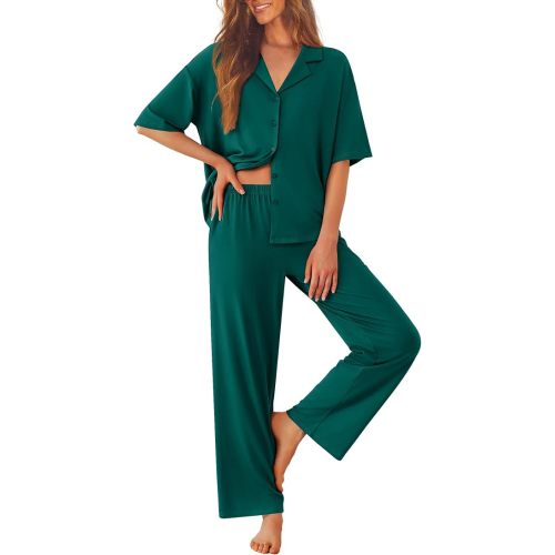 Women Pajamas Set Button Down Sleepwear Short Sleeve Pjs Soft Comfy Nightwear with Long Pants S-XXL
