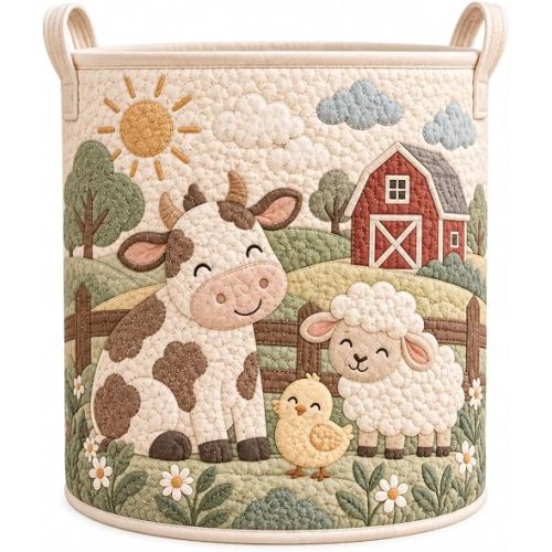 Quilted Fabric Laundry Basket, Cute Animals Storage Baskets, Farm Animal Nursery Decor, Farmhouse Baby Shower Decoration