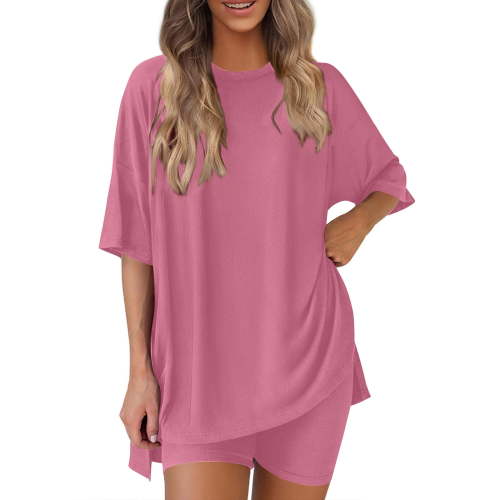 QLEICOM Women's Summer 2 Piece Outfits, Round Neck Short Sleeve Top and Shorts Sets, Summer Casual Loose Beach Vacation Matching Sets, Shorts Overalls Outfits 2025 Postpartum