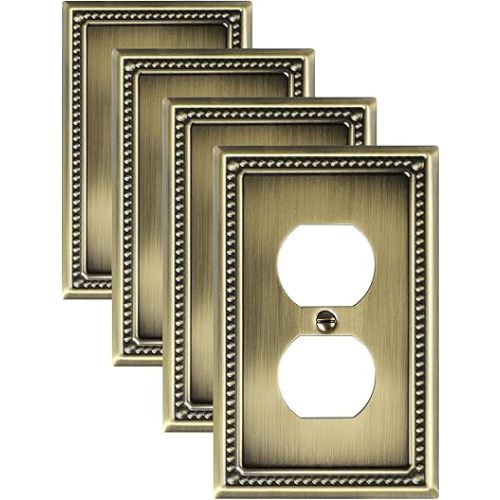 4-Pack Duplex Outlet Cover Plate, Antique Brass Metal Wall Plates for Electrical Outlets, 1 Gang Receptacle Cover, Pearls Decorative Switch Plates and Outlet Covers