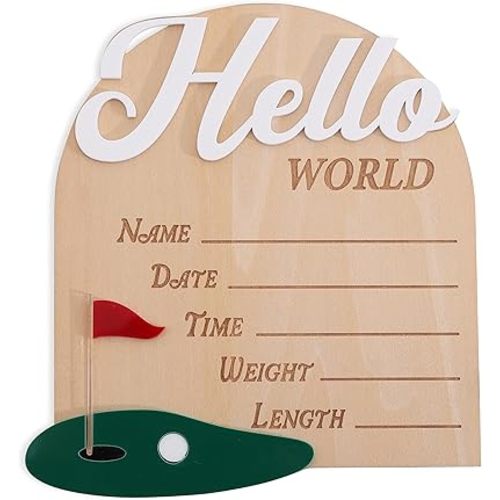 Golf Hello World Baby Birth Announcement -Personalized Wooden Welcome Board, Newborn Name Announcement, Hole In One Golf Themed Sign, For Hospital Nursery Photo Prop Keepsake