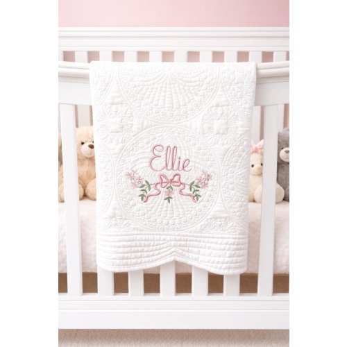 Embroidered Baby Quilt: Personalized Cotton Heirloom, Flowers & Bow