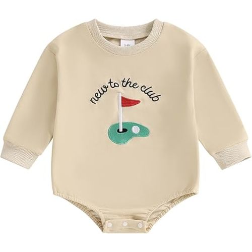 Baby Boy Fall Winter Outfit New To The Club Golf Embroidery Long Sleeve Sweatshirt Bubble Romper Newborn Onesie