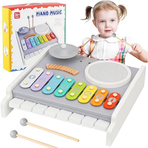 Kids Musical Instruments Piano Drum Set - 5 in 1 Montessori Toys for Toddler Baby, Wooden Music Kit with Piano Keyboard Xylophone, Preschool Educational Sensory Toys, Gifts for Boys Girls