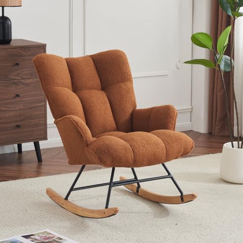 SAETSFEG Nursery Rocking Chair Teddy, Upholstered Glider Rocker with High Backrest, Comfortable Stylish Accent Armchair with Padded Seat for Living Rooms, Bedrooms, Brown