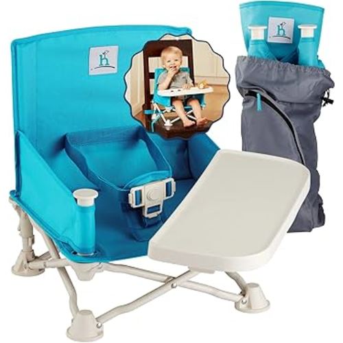 Hiccapop OmniBoost Travel Booster Seat with Tray for Baby | Folding Portable Seat for Dining Table, Camping, Beach, Grandma’s | Tip-Free Design Straps to Kitchen Chairs