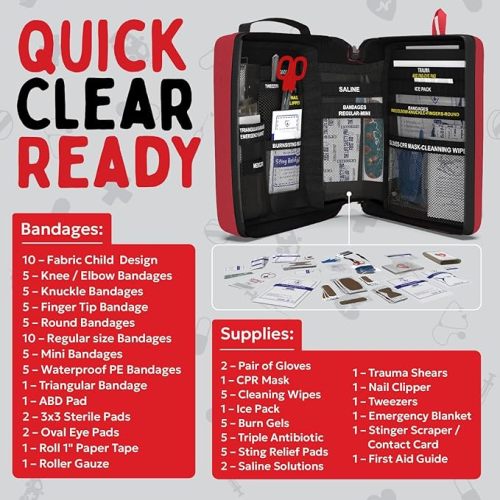 Portable First Aid Kit for Kids with CPR Shield - Ideal for Home, Car, School, Camping, and as a Travel First aid kit. Latex-Free Bandages – Children First Aid Guide by The Life Safety Pro