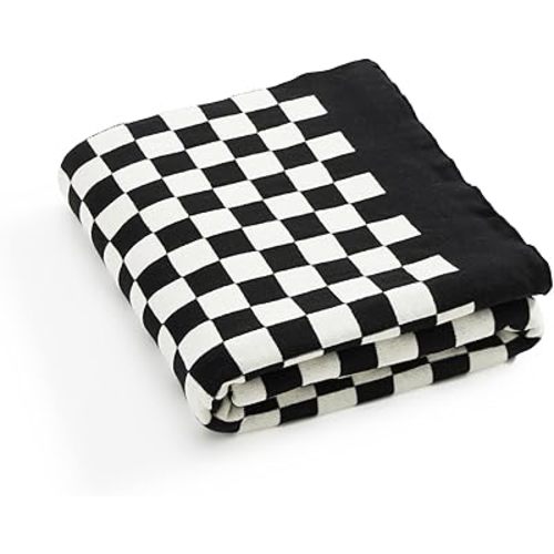 YIRUIO 100% Pure Cotton Throw Blanket Checkered Lightweight Ultra-Thin Knit Weave for Living Room Bedroom Kitchen Bed Couch Sofa Farmhouse (Black, 51" L x 63" W)