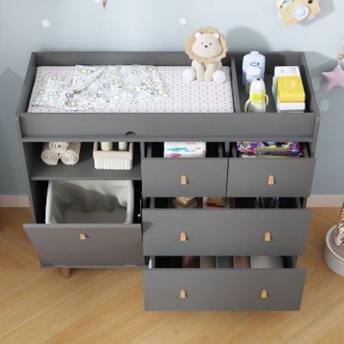 Famapy Baby Changing Table with Multi-Storage Drawers, Cabinet & Diaper Organizer,Safe Organized Nursery Station