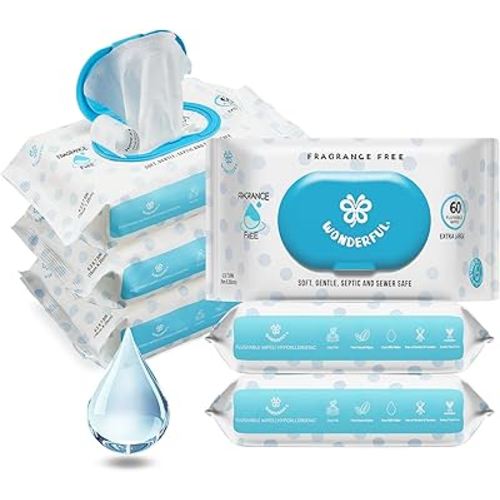 WONDERFUL Flushable Wipes, Unscented 100% Plant-Based Wet Butt Wipe for Adults & Kids, Sewer Septic Safe, Gentle for Sensitive Skin, Wipes Flushable Pack for Bathroom & Travel, 6-Pack (360 Counts)