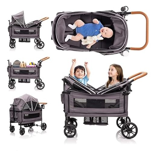Stroller Wagon for 2 Kids- Lightweight Travel Folding Push Pull Baby Wagon for Newborn&Toddler with 5-Point Harness,Adjustable Canopy,Tray Table,Cup Holder,Storage Pocketsets (Grey)