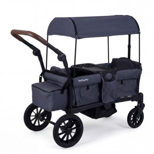 COSTWAY Foldable Wagon Stroller for 2 Kids Double Seater Toddler Stroller With Removable Canopy-Gray