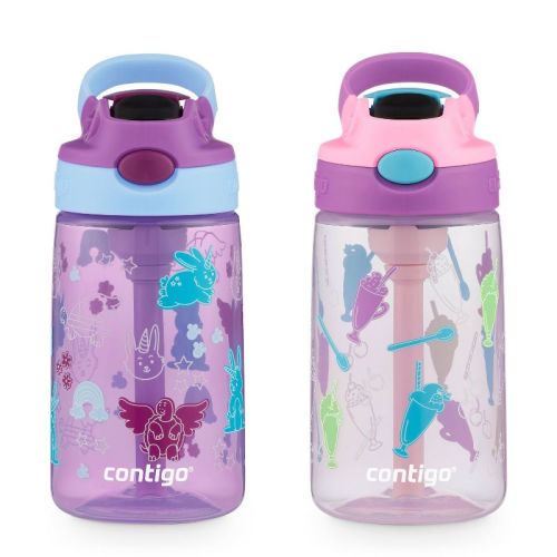 Contigo 14oz 2pk Plastic Cleanable Kids' Water Bottles Green/Blue: Leakproof Toddler Straw Cups, Dishwasher-Safe
