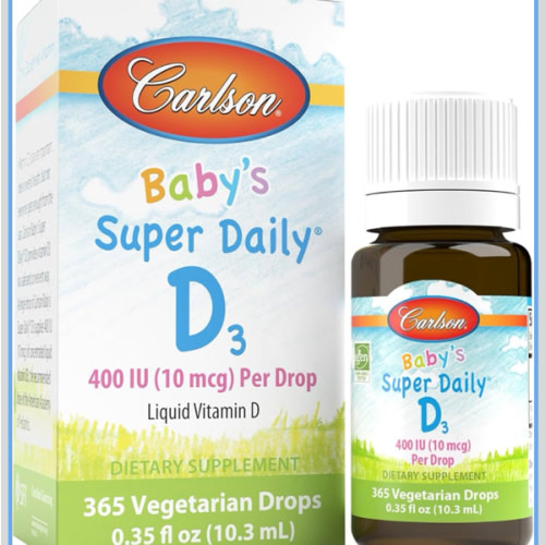 Carlson - Baby's Super Daily D3, Baby Vitamin D Drops, 400 IU (10 mcg) per Drop, 1-Year Supply, Vegetarian, Liquid Vitamin D Drops for Infants and Toddlers, Unflavored, 365 Drops