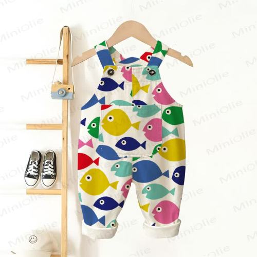Baby Toddler White Multicolor Fish Woven Overalls