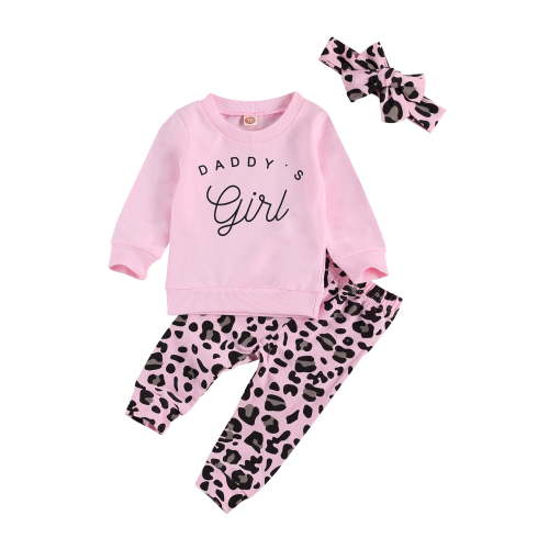 Spring hue Newborn Baby Girls Sweatshirt Outfit Clothes Set Daddy's Girl Printed T-Shirt Leopard Pants+Headband