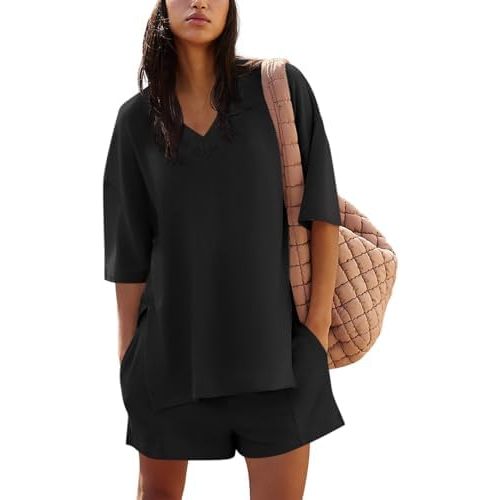 Yousify Womens 2 Piece Sets Summer Outfits 2025 Lounge Set 3/4 Sleeve Oversized Tops And Elastic Waist Shorts With Pockets