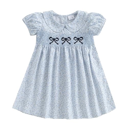Summer Toddler Baby Girl Outfit Bow Smocked Dress Puff Short Sleeve Floral Dresses Girls Casual Dress