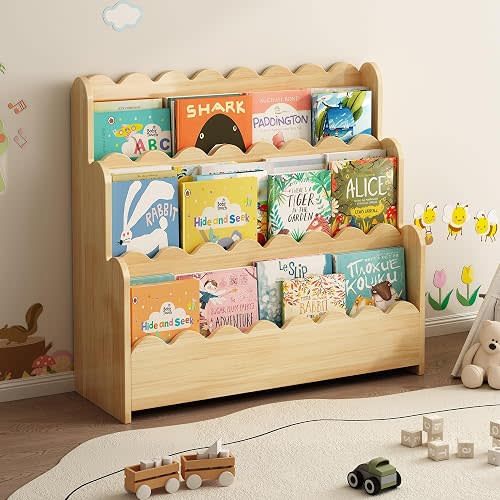 FAVSH 3-Tier Solid Pine Wood Scalloped Bookshelf, Wood