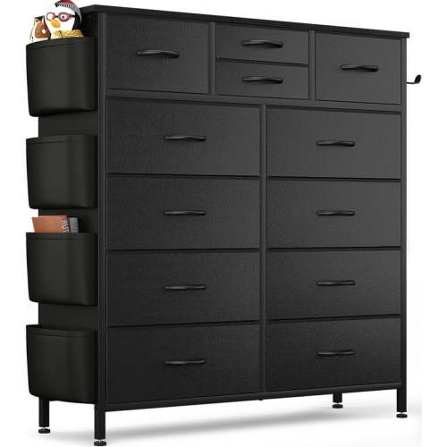 GIKPAL 12 Drawer Dresser, Black Dresser Chest of Drawers Dressers for Bedroom PU&Fabric Dresser with Side Pockets and Hooks, Black