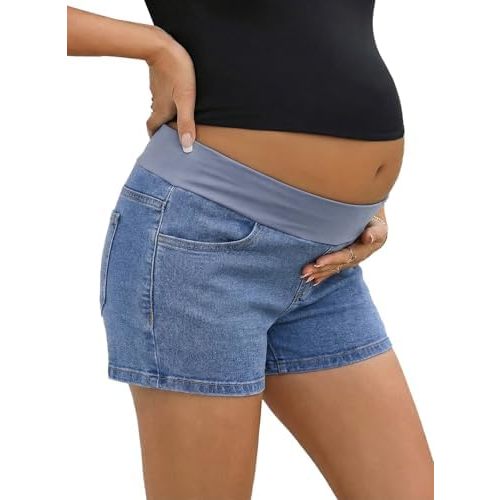 BLENCOT Women's Maternity Denim Shorts Under Belly Pregnancy Trendy Stretchy Jean Bottoms with Elastic Waistband for Summer