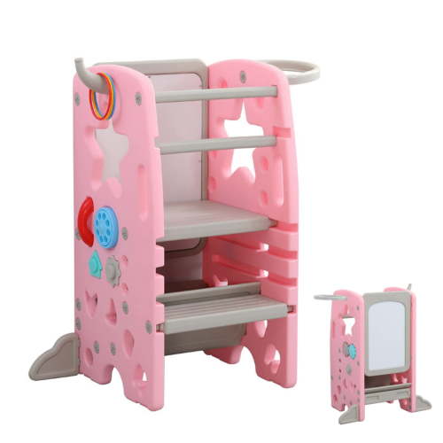 UNICOO® Multifunctional Kids Kitchen Step Stool with Double Safety Rails, Height Adjustable, Toddler Tower for Kitchen Countertop and Bathroom with Big Drawing Board & Games (OMLT-Pink)
