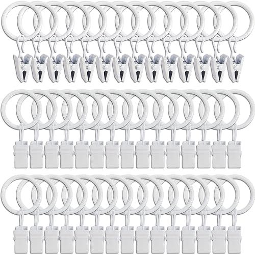 44 Pack Curtain Rings with Clips, Curtain Clip Rings Hooks, Bow Hanger Clips for Hanging Drapery Drapes Bows, Ring 1 inch Interior Diameter, Fits up to 5/8" Rod, White