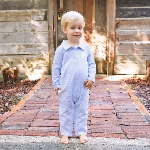 Light Blue Stripe Long Sleeve Polo Romper