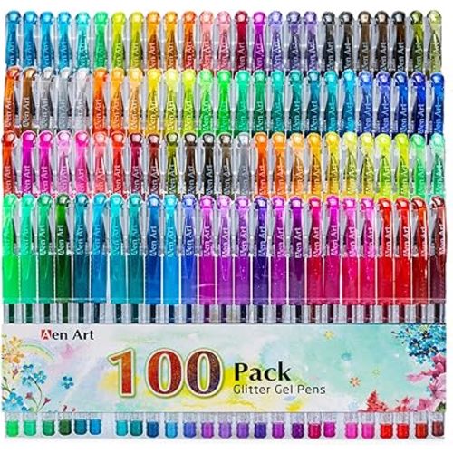 Aen Art Glitter Gel Pens, 100 Color Glitter Pen Set for Making Cards, 30% More Ink Neon Glitter Gel Marker for Adult Coloring Books, Journaling Crafting Doodling Drawing