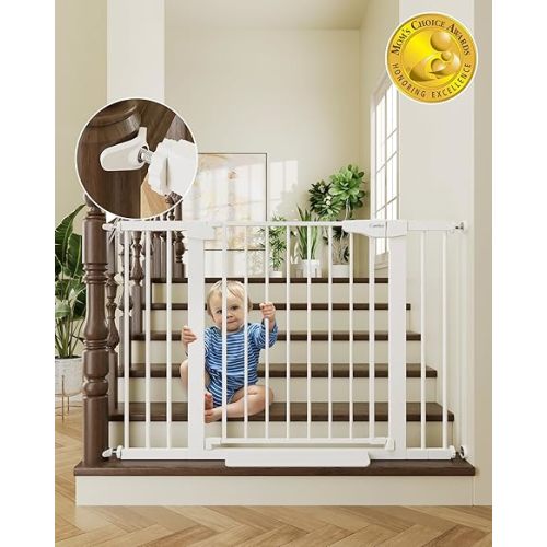 Cumbor 29.7-46" Baby Gate for Stairs, Toddler Safety Essentials for The House, Auto Close Dog Gate for Doorways, Mom's Choice Awards Winner-Easy Install Pressure Mounted Pet Gates for Dogs, White