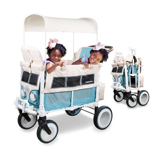 WONDERFOLD Volkswagen Double Stroller Wagon (2 Seater) - Foldable Wagon Stroller with Classic VW Bumper, Headlights, and Retro All-Terrain XL Wheels, Bondi Blue