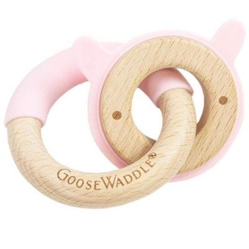 GooseWaddle Silicone + Wood Double Ring Teether Pink Rabbit