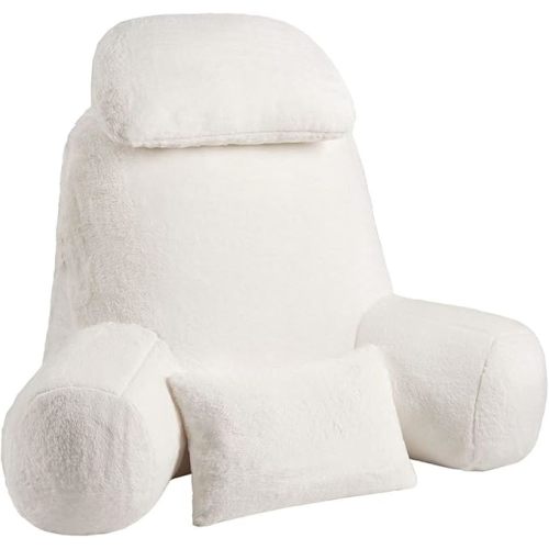 NOONTIDE Reading Pillow for Sitting up in Bed and Couch,32" X-Large Back Pillow for Adult & Teens with Soft Adjustable Neck Roll Backrest Pillow,Washable Cover,Watching TV/Gaming/Relaxing(FurryWhite)