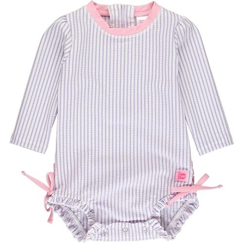 RuffleButts Baby/Toddler Girls Seersucker Long Sleeve One Piece Rash Guard Swimsuit with UPF 50+ Sun Protection