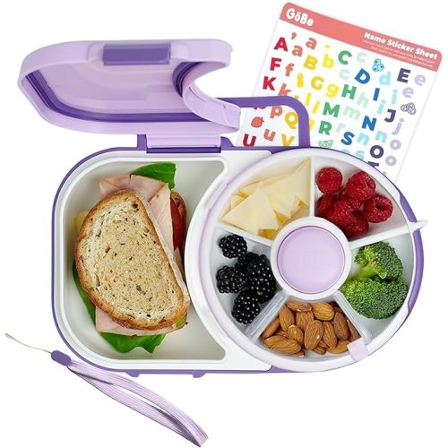 GoBe Kids Lunchbox with Small Snack Spinner Flip - Bundle with Hand Strap & Sticker Sheet, 2-in-1 Bento Style Lunch Container, 5 Small +1 Large Sandwich Compartment, BPA & PVC Free - Taro Purple