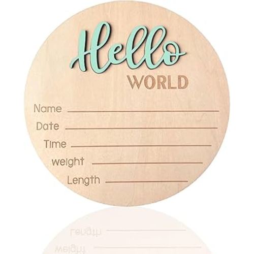 Baby Announcement Sign, ​5.9 Inch Wooden Hello World Newborn Signs, Birth Announcement Sign, Baby Shower Hospital Nursery for Newborn Boys and Girls (Spark Green)