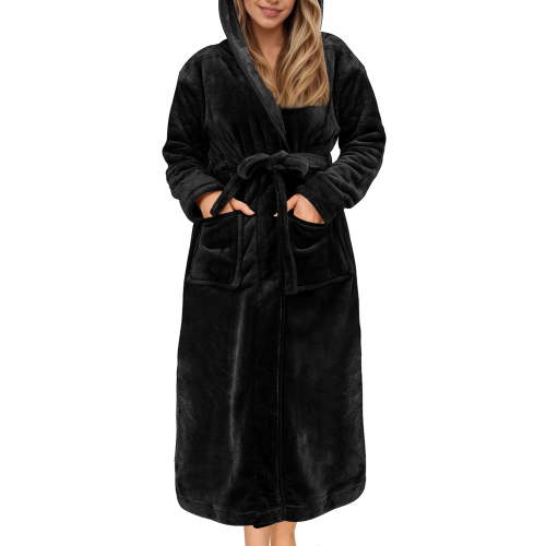 UVN Long Robes for Women Winter Plush Fleece Hooded Bathrobe Soft Cozy Fluffy Sleepwear Nightgown with Pockets