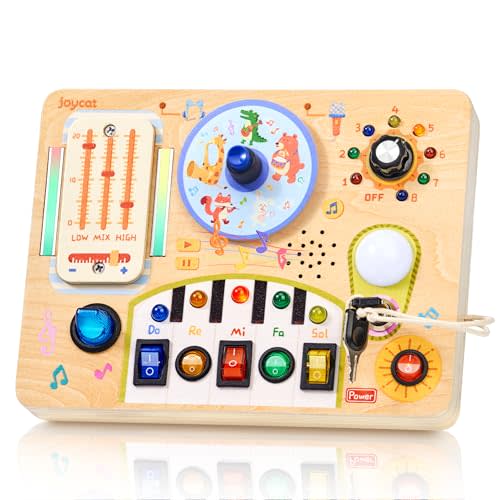 JoyCat Busy Board with Led Light, Toddler Toys for 1 2 3 4 Year Old Boys and Girls, Wooden Sensory Toys with Music, Travel Toy for Toddlers 1-3, Birthday Presents (Yellow)