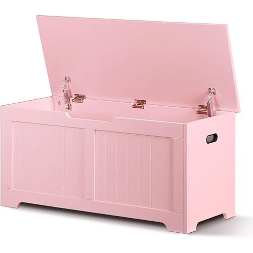 SUPER DEAL Storage Chest, 39 inches Chest Box Organizer with 2 Safety Hinges, Wooden Entryway Shoe Organizer Storage Bench, Pink