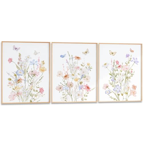 Pormipone Wildflower 3 Piece Poster Print Watercolor Floral Wall Art 12x18 | Watercolor wildflower triptych,3 poster prints, blush pink peach tones,12x18in,unframed,living room bedroom decor