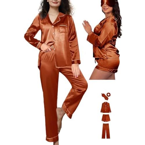 WJing Yi Jia 5Pcs XS-XXL Womens Silk Satin Pajamas Sets Long Pj Sets Button Down Pjs Set Loungewear Sleepwear