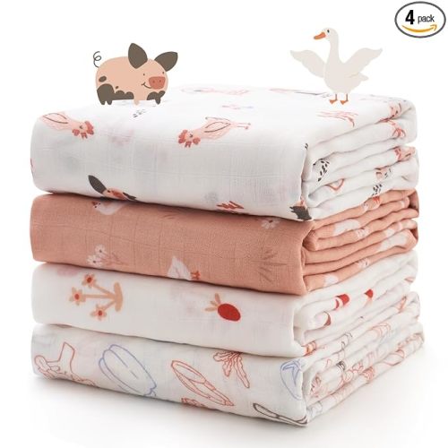 Momcozy Muslin Swaddle Blankets, 4-Pack Breathable and Skin-Friendly Receiving Blankets, Swaddle Blanket Shower Gifts & Baby Registry Essentials, Large 47"x47", Little Homestead