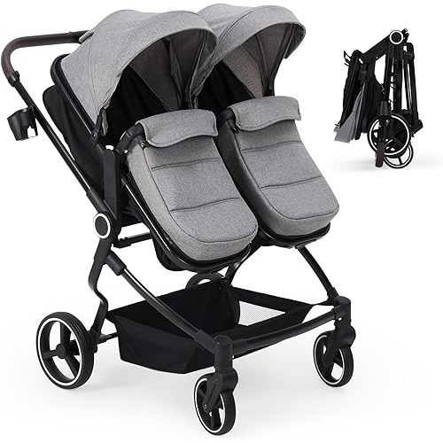 GarveeLife Side by Side Double Stroller for Twins, Lightweight Compact Foldable Baby Travel Stroller with High Landscape Seat, Adjustable Canopy & Recline for Infant and Toddler, Light Grey